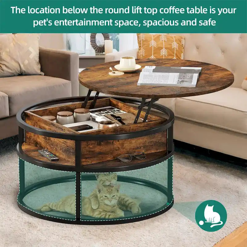 Table basse ronde à plateau relevable et structure extensible avec rangement dissimulé