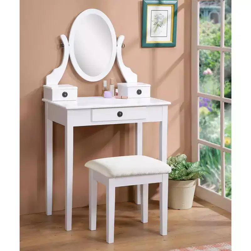 Coiffeuse et tabouret Moniya en bois blanc, blanc