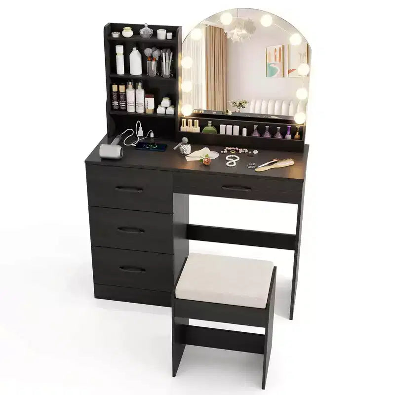 Costway Vanity Set with Mirror and Lights Dressing Table and Chair 4 Drawers 3 Open Shelves Black/White