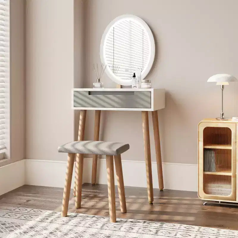 Elecwish Wood Small Vanity Table with Mirror and Chair