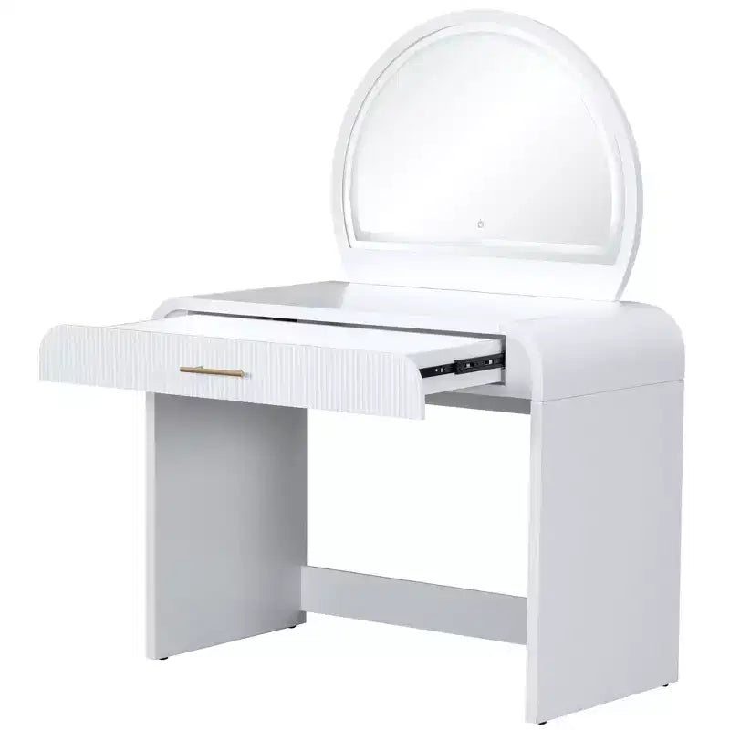 Table de toilette 40W, coiffeuse avec miroir lumineux à écran tactile et grand tiroir, blanc-ModernLuxe
