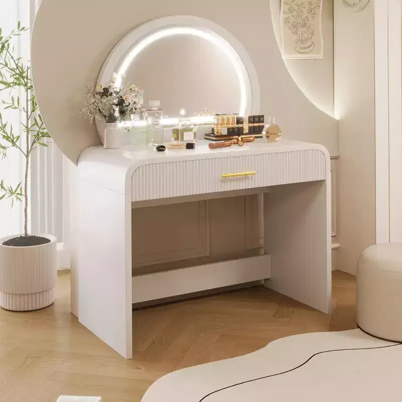 Table de toilette 40W, coiffeuse avec miroir lumineux à écran tactile et grand tiroir, blanc-ModernLuxe