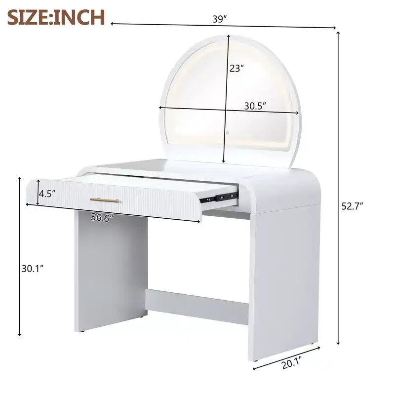 Table de toilette 40W, coiffeuse avec miroir lumineux à écran tactile et grand tiroir, blanc-ModernLuxe