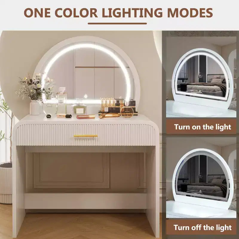 Table de toilette 40W, coiffeuse avec miroir lumineux à écran tactile et grand tiroir, blanc-ModernLuxe