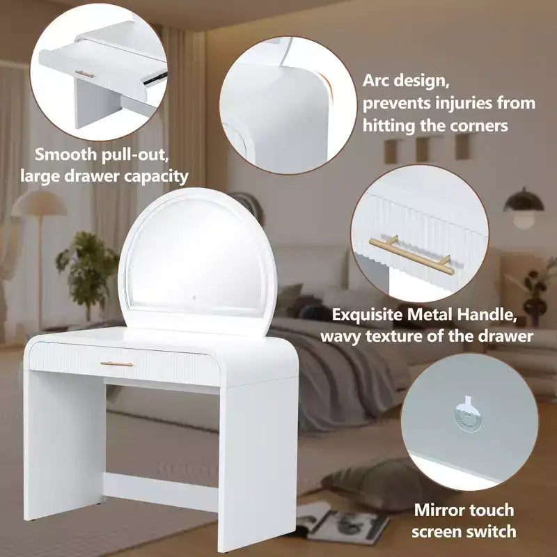 Table de toilette 40W, coiffeuse avec miroir lumineux à écran tactile et grand tiroir, blanc-ModernLuxe
