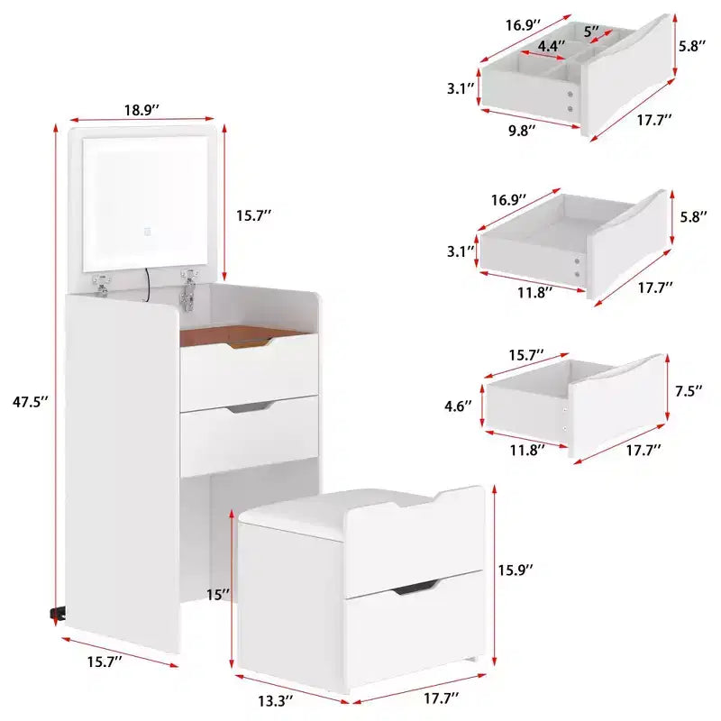 Famapy Coiffeuse blanche pliable avec rangement, design monobloc, rangement à bijoux intégré