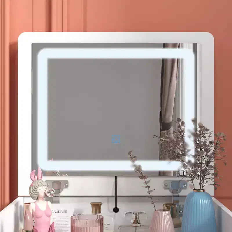Famapy Coiffeuse blanche pliable avec rangement, design monobloc, rangement à bijoux intégré