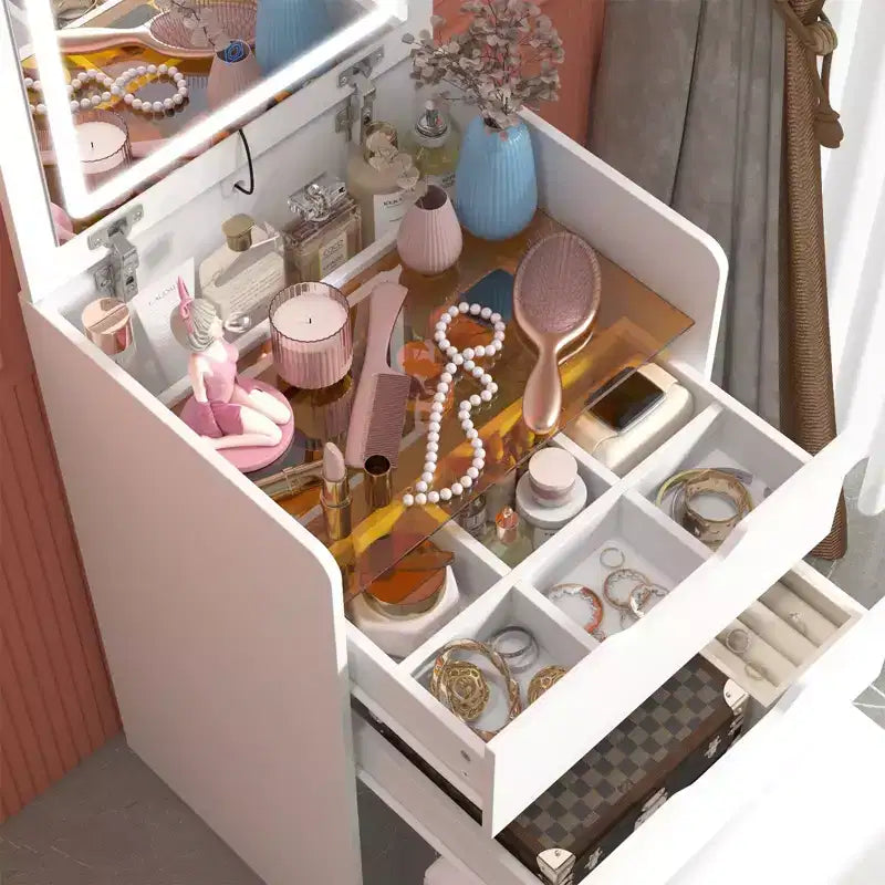 Famapy Coiffeuse blanche pliable avec rangement, design monobloc, rangement à bijoux intégré