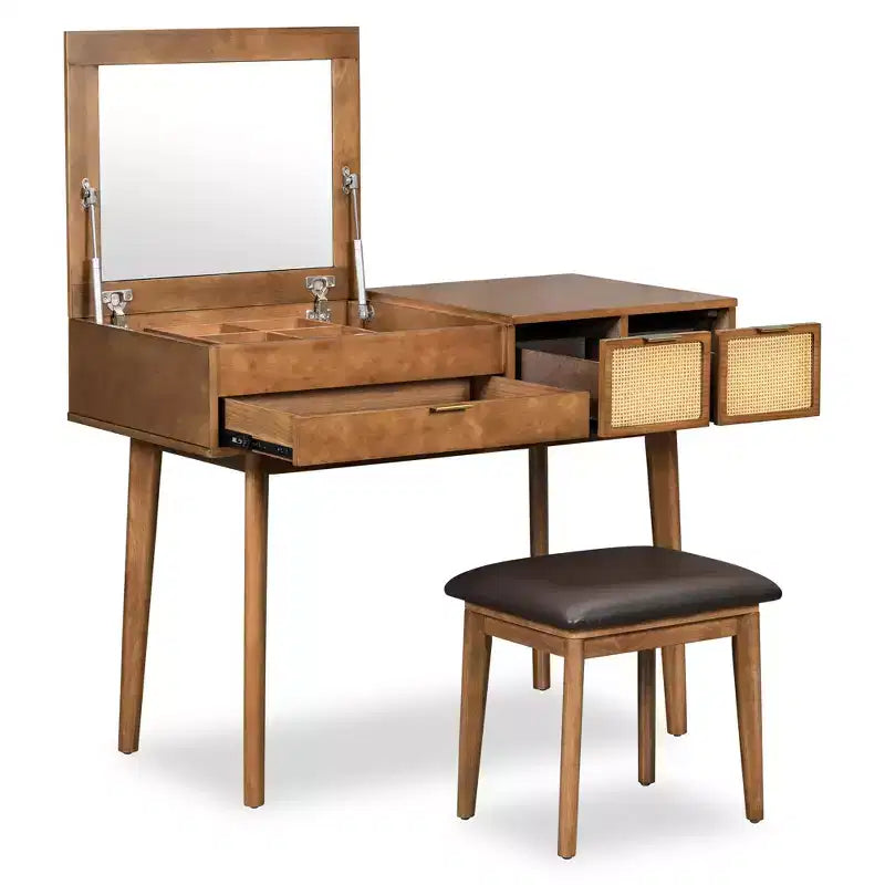 Coiffeuse 43W Coiffeuse à Maquillage avec Tabouret Rembourré, Miroir Relevable, 3 Tiroirs et Compartiment de Rangement, Blanc/Marron-ModernLuxe
