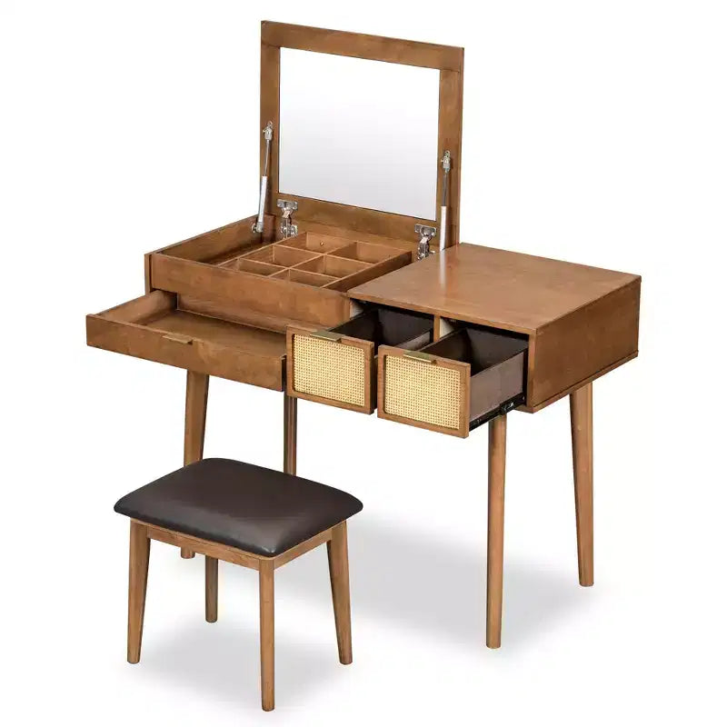 Coiffeuse 43W Coiffeuse à Maquillage avec Tabouret Rembourré, Miroir Relevable, 3 Tiroirs et Compartiment de Rangement, Blanc/Marron-ModernLuxe