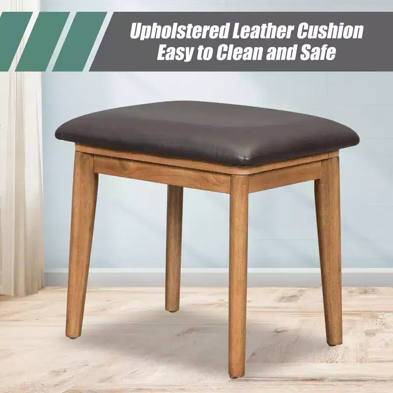 Coiffeuse 43W Coiffeuse à Maquillage avec Tabouret Rembourré, Miroir Relevable, 3 Tiroirs et Compartiment de Rangement, Blanc/Marron-ModernLuxe