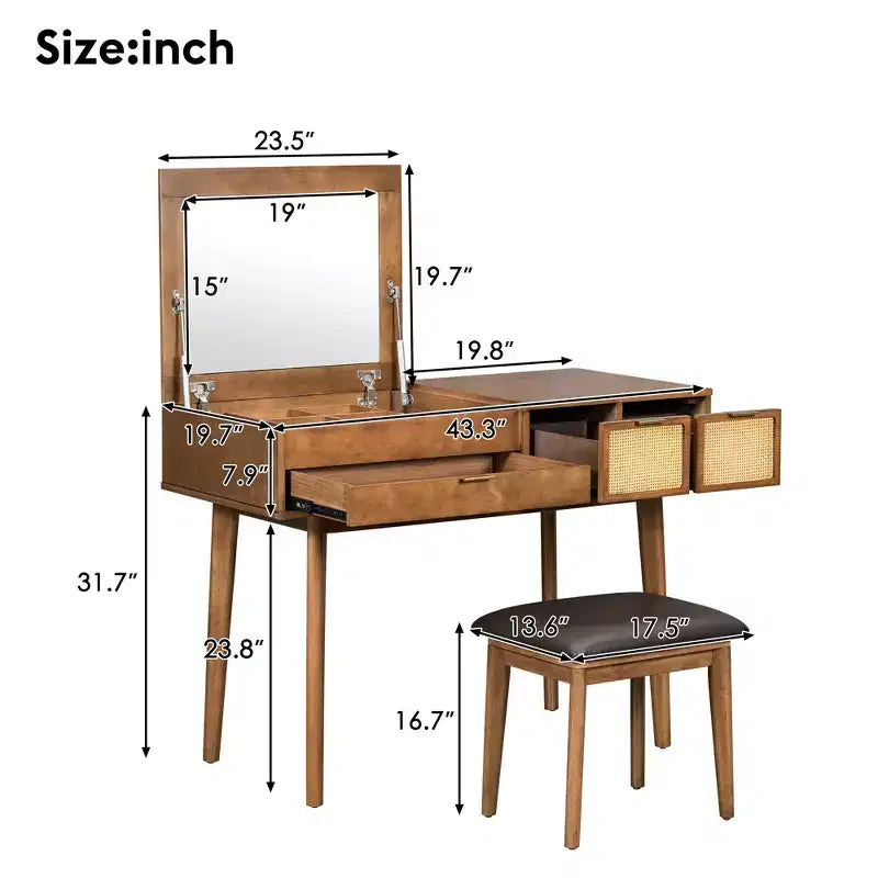 Coiffeuse 43W Coiffeuse à Maquillage avec Tabouret Rembourré, Miroir Relevable, 3 Tiroirs et Compartiment de Rangement, Blanc/Marron-ModernLuxe
