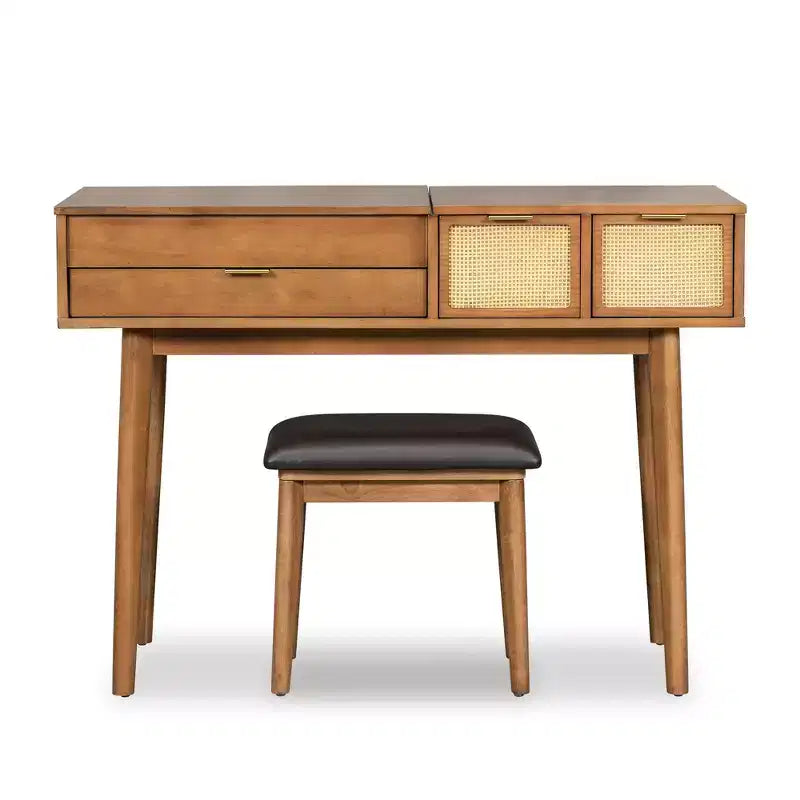 Coiffeuse 43W Coiffeuse à Maquillage avec Tabouret Rembourré, Miroir Relevable, 3 Tiroirs et Compartiment de Rangement, Blanc/Marron-ModernLuxe