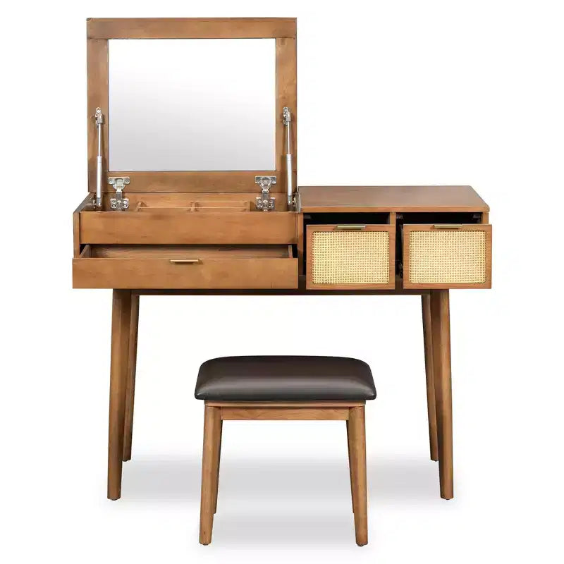 Coiffeuse 43W Coiffeuse à Maquillage avec Tabouret Rembourré, Miroir Relevable, 3 Tiroirs et Compartiment de Rangement, Blanc/Marron-ModernLuxe