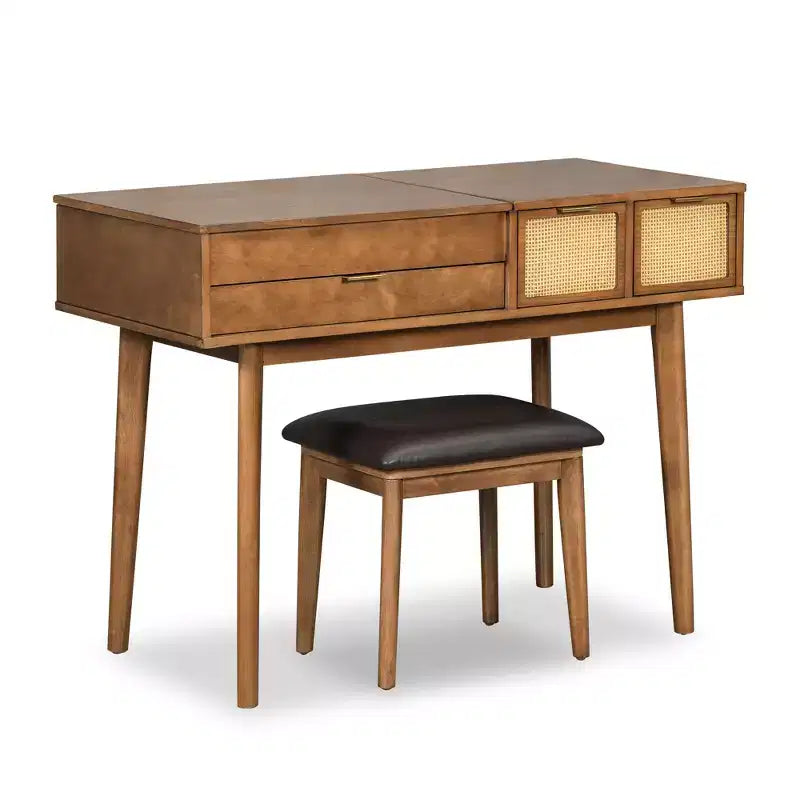 Coiffeuse 43W Coiffeuse à Maquillage avec Tabouret Rembourré, Miroir Relevable, 3 Tiroirs et Compartiment de Rangement, Blanc/Marron-ModernLuxe