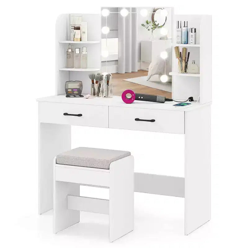 Coiffeuse Costway avec miroir éclairé, station de charge, lumières LED à 3 couleurs à intensité variable, blanc/noir