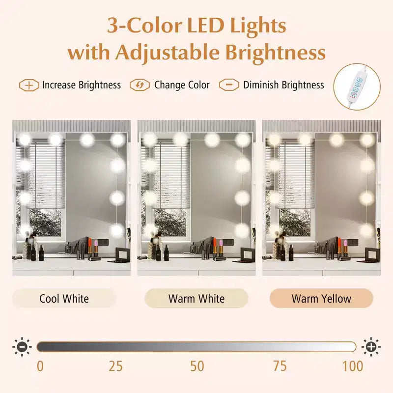 Coiffeuse Costway avec miroir éclairé, station de charge, lumières LED à 3 couleurs à intensité variable, blanc/noir