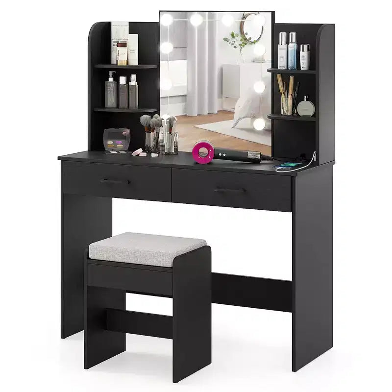 Coiffeuse Costway avec miroir éclairé, station de charge, lumières LED à 3 couleurs à intensité variable, blanc/noir
