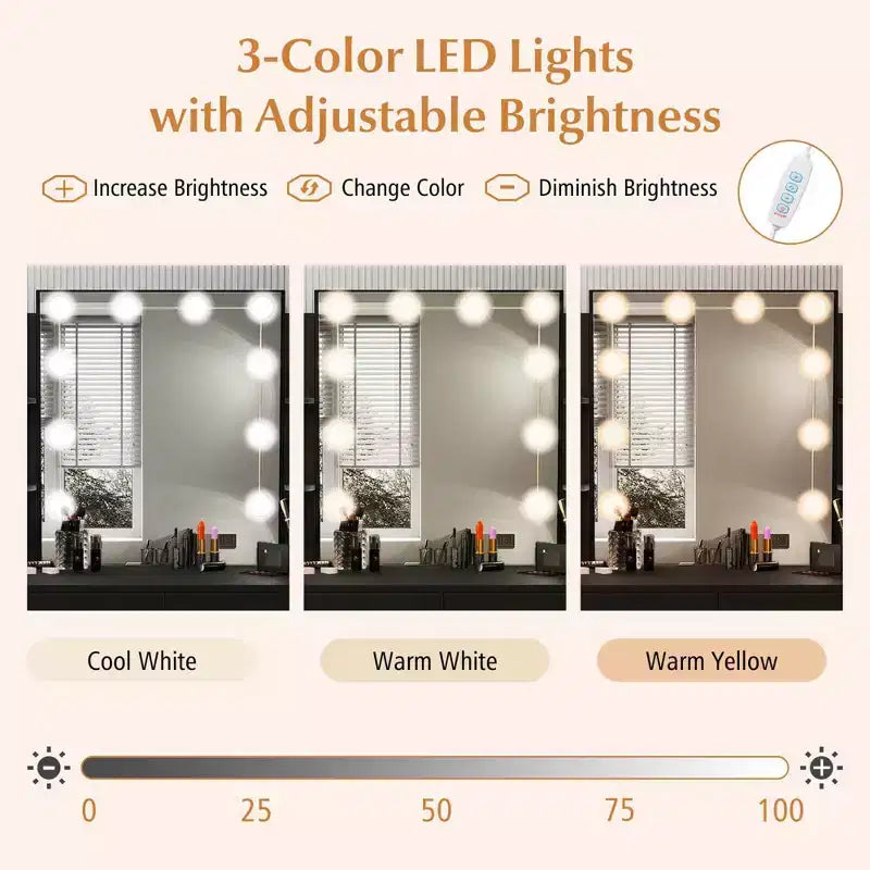 Coiffeuse Costway avec miroir éclairé, station de charge, lumières LED à 3 couleurs à intensité variable, blanc/noir