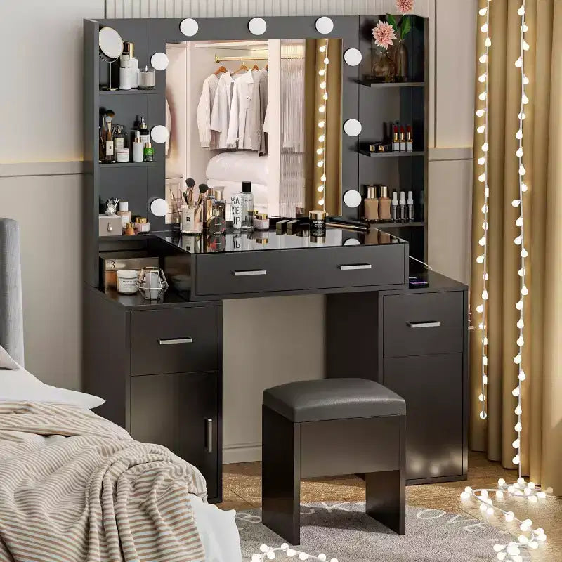 Vanity Desk with Lights, Glass Top, Charging Station, Mirror, Nightstand, Set with Storage Bench, 3 Lighting Modes, White