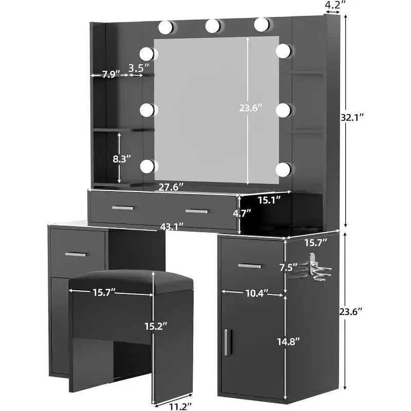 Coiffeuse avec Lumières, Plateau en Verre, Station de Recharge, Miroir, Table de Chevet, Ensemble avec Banc de Rangement, 3 Modes d'Éclairage, Blanc