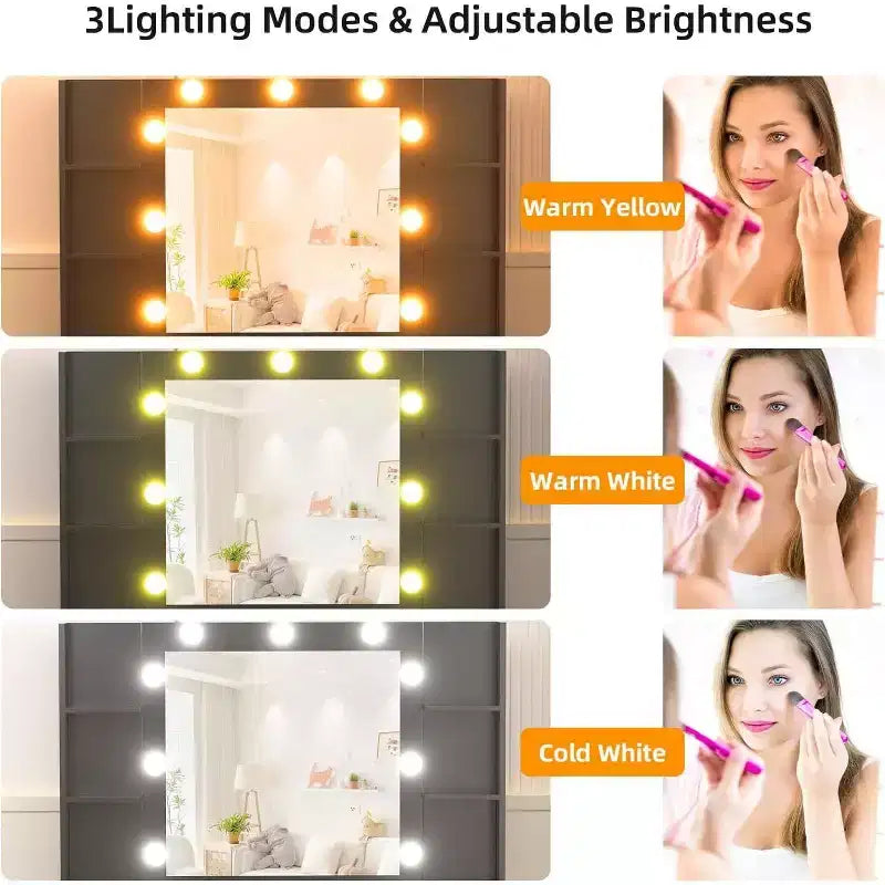 Coiffeuse avec Lumières, Plateau en Verre, Station de Recharge, Miroir, Table de Chevet, Ensemble avec Banc de Rangement, 3 Modes d'Éclairage, Blanc