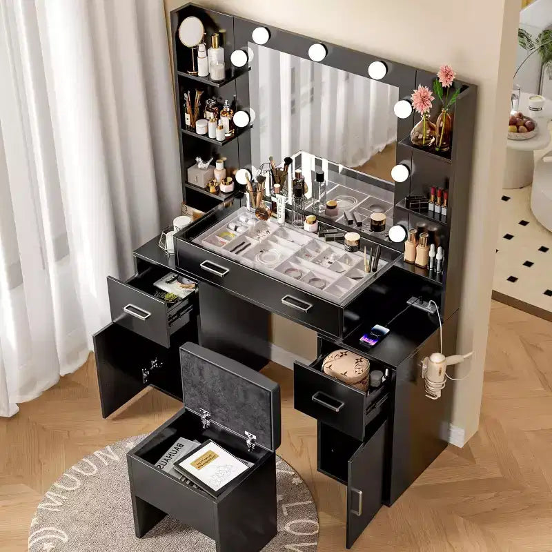 Coiffeuse avec Lumières, Plateau en Verre, Station de Recharge, Miroir, Table de Chevet, Ensemble avec Banc de Rangement, 3 Modes d'Éclairage, Blanc