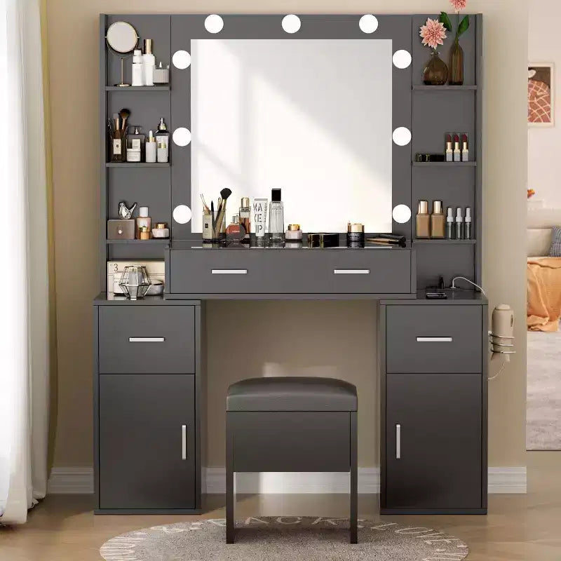 Coiffeuse avec Lumières, Plateau en Verre, Station de Recharge, Miroir, Table de Chevet, Ensemble avec Banc de Rangement, 3 Modes d'Éclairage, Blanc