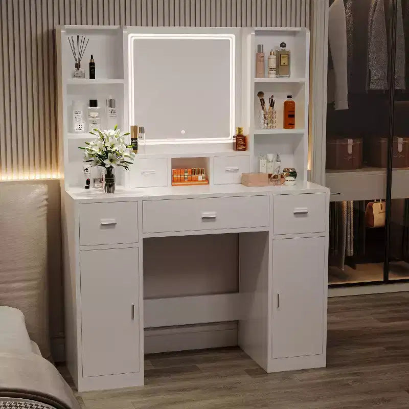 Coiffeuse Okak avec station de recharge USB, bureau de maquillage à 5 tiroirs, 2 armoires et miroir LED pour cadeau de mariage