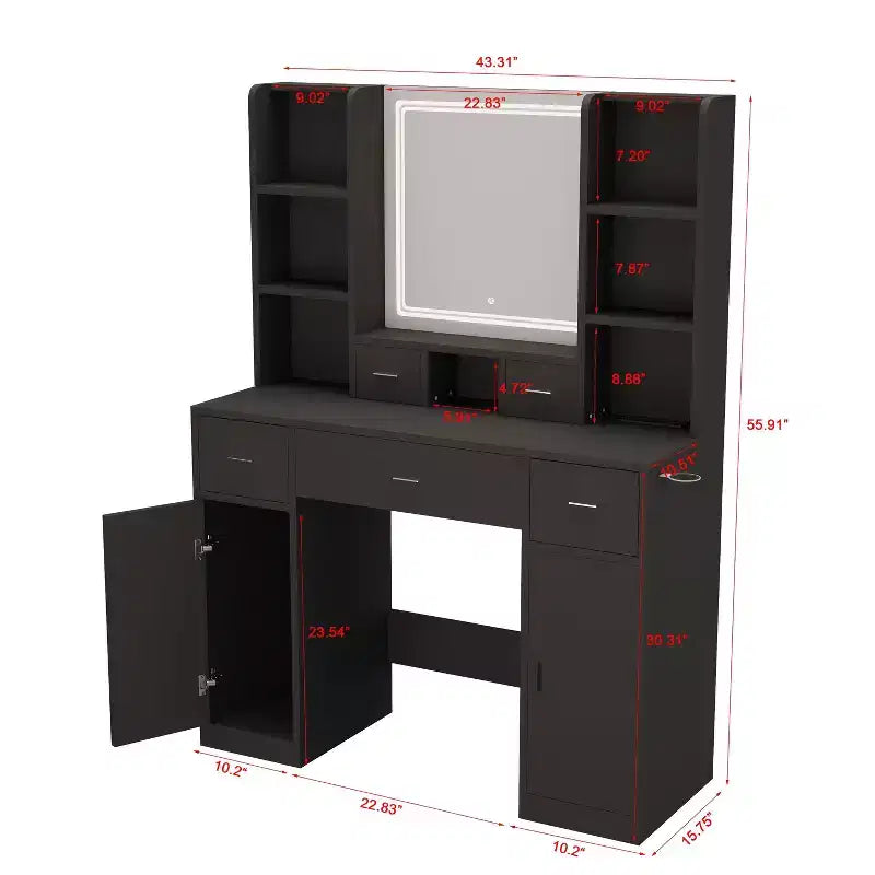 Coiffeuse Okak avec station de recharge USB, bureau de maquillage à 5 tiroirs, 2 armoires et miroir LED pour cadeau de mariage