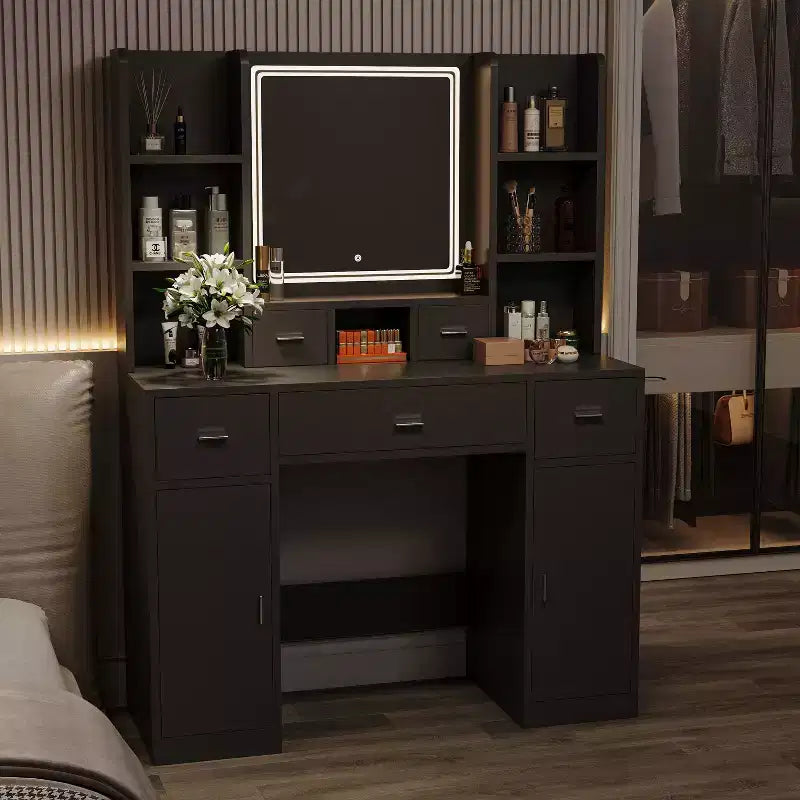 Coiffeuse Okak avec station de recharge USB, bureau de maquillage à 5 tiroirs, 2 armoires et miroir LED pour cadeau de mariage