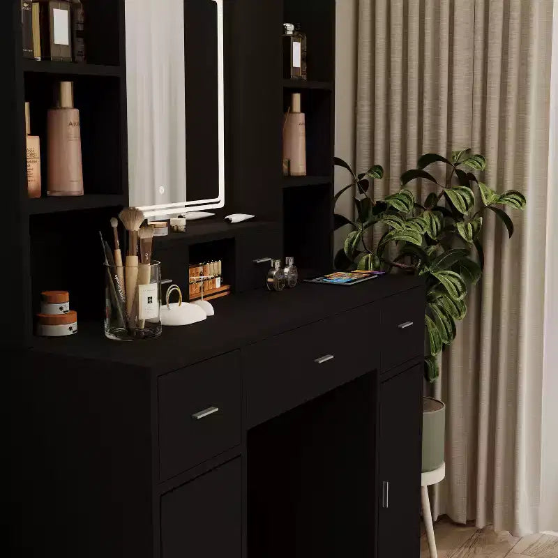 Coiffeuse Okak avec station de recharge USB, bureau de maquillage à 5 tiroirs, 2 armoires et miroir LED pour cadeau de mariage