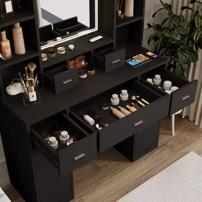 Coiffeuse Okak avec station de recharge USB, bureau de maquillage à 5 tiroirs, 2 armoires et miroir LED pour cadeau de mariage