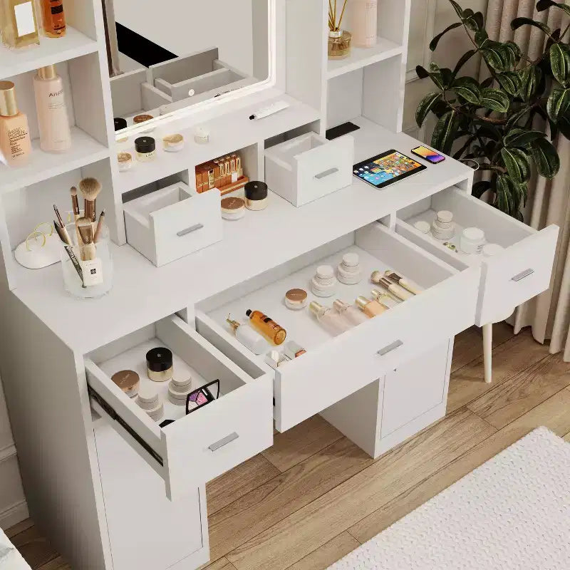 Coiffeuse Okak avec station de recharge USB, bureau de maquillage à 5 tiroirs, 2 armoires et miroir LED pour cadeau de mariage