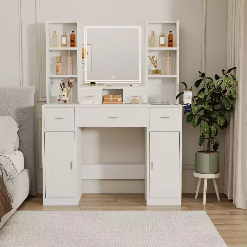 Coiffeuse Okak avec station de recharge USB, bureau de maquillage à 5 tiroirs, 2 armoires et miroir LED pour cadeau de mariage