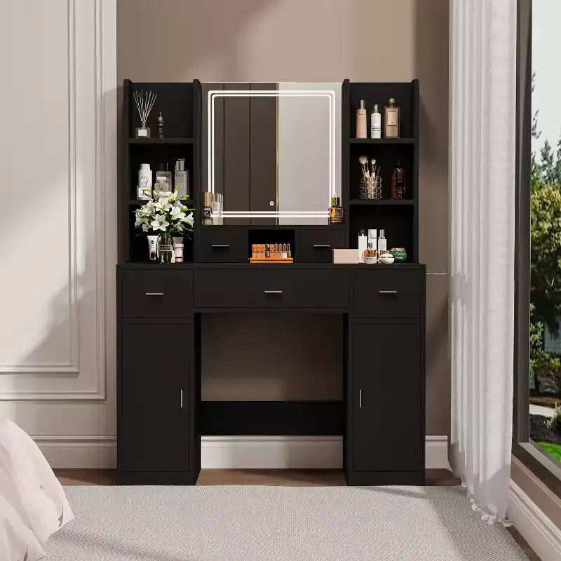 Coiffeuse Okak avec station de recharge USB, bureau de maquillage à 5 tiroirs, 2 armoires et miroir LED pour cadeau de mariage