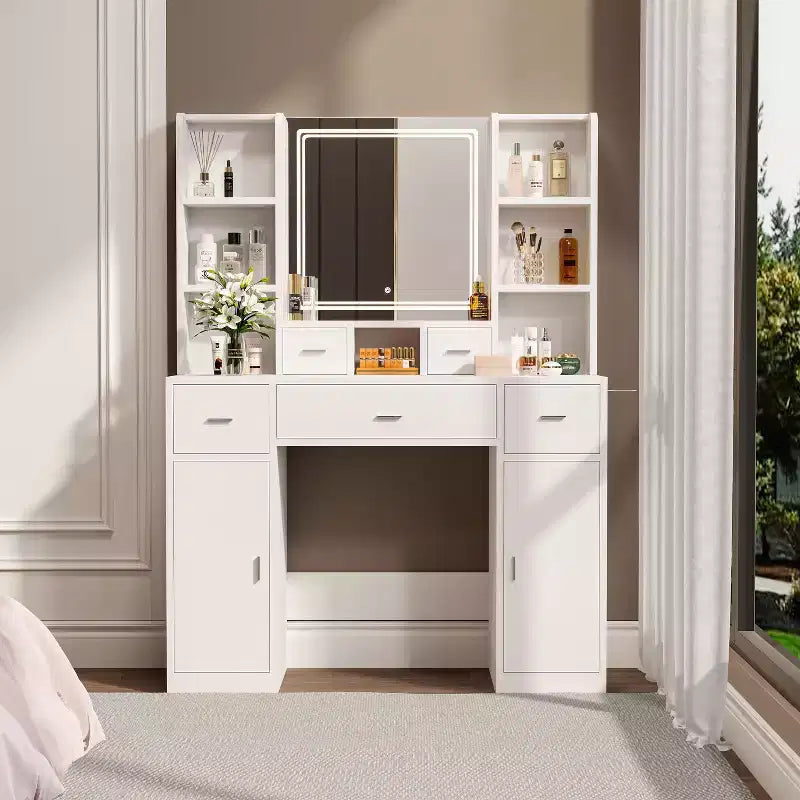 Coiffeuse Okak avec station de recharge USB, bureau de maquillage à 5 tiroirs, 2 armoires et miroir LED pour cadeau de mariage
