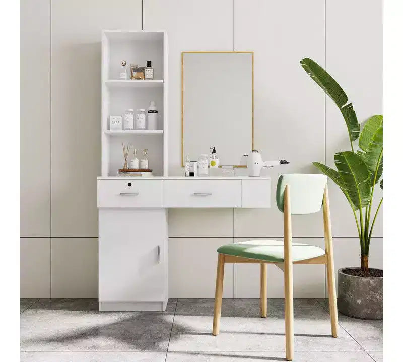 Coiffeuse avec lumières Okak, bureau de maquillage moderne et élégant avec système de rangement à plusieurs niveaux et miroir intégré, ensemble pour chambre à coucher, blanc
