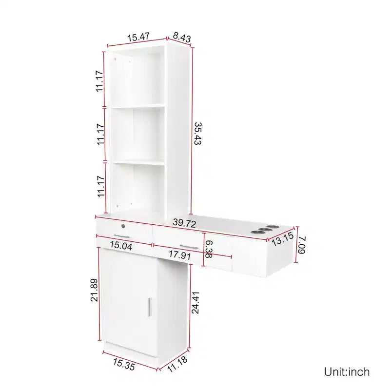 Coiffeuse avec lumières Okak, bureau de maquillage moderne et élégant avec système de rangement à plusieurs niveaux et miroir intégré, ensemble pour chambre à coucher, blanc