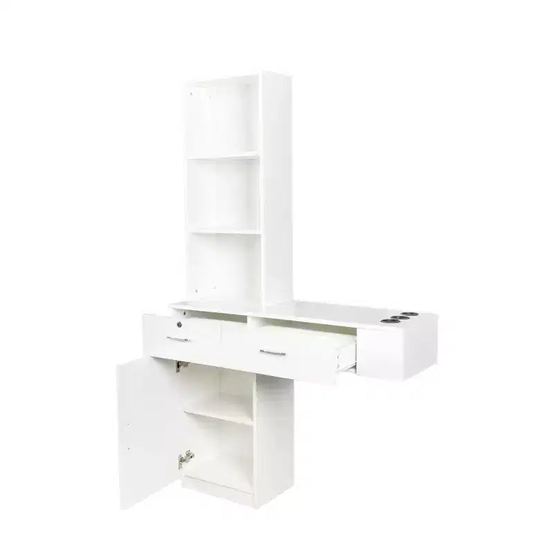 Coiffeuse avec lumières Okak, bureau de maquillage moderne et élégant avec système de rangement à plusieurs niveaux et miroir intégré, ensemble pour chambre à coucher, blanc