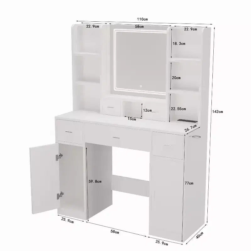 Coiffeuse Okak avec lumières, tiroirs et meuble de rangement, avec tabouret pour chambre à coucher ou salon