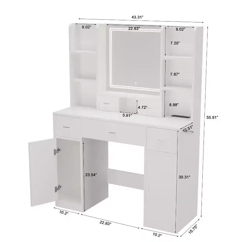 Coiffeuse Okak avec lumières, tiroirs et meuble de rangement, avec tabouret pour chambre à coucher ou salon