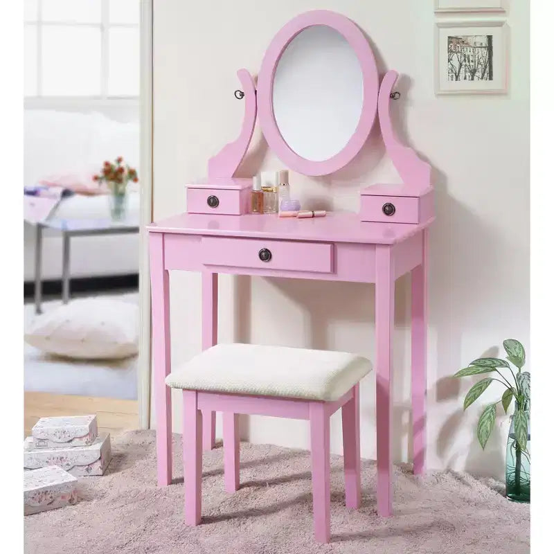 Coiffeuse et Chaise Okak, Ensemble Coiffeuse et Tabouret en Bois avec Miroir Élégant Forme Ovale pour Chambre à Coucher Salon, Rose