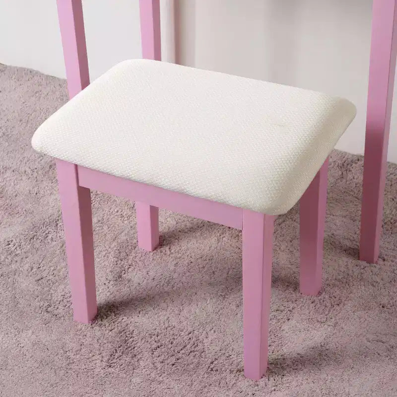 Coiffeuse et Chaise Okak, Ensemble Coiffeuse et Tabouret en Bois avec Miroir Élégant Forme Ovale pour Chambre à Coucher Salon, Rose