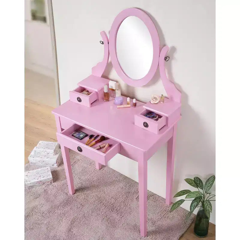 Coiffeuse et Chaise Okak, Ensemble Coiffeuse et Tabouret en Bois avec Miroir Élégant Forme Ovale pour Chambre à Coucher Salon, Rose
