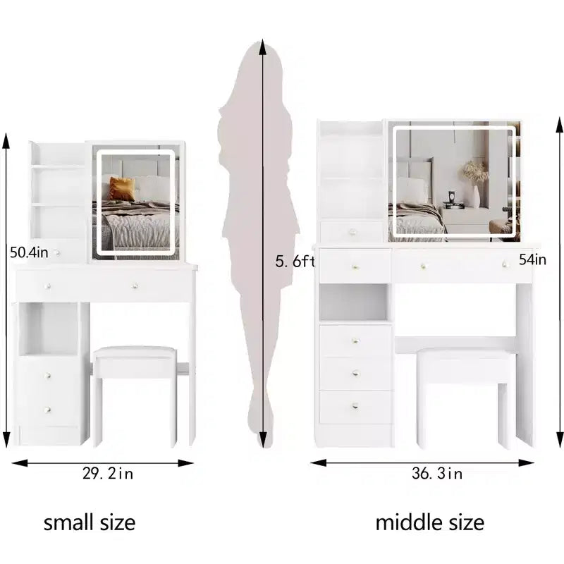 Coiffeuse Okak avec tiroirs et lumières, bureau de coiffeuse de 37 po avec côté gauche, tabouret rembourré et miroir LED coulissant tactile extra-large, blanc