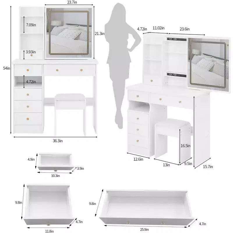Coiffeuse Okak avec tiroirs et lumières, bureau de coiffeuse de 37 po avec côté gauche, tabouret rembourré et miroir LED coulissant tactile extra-large, blanc