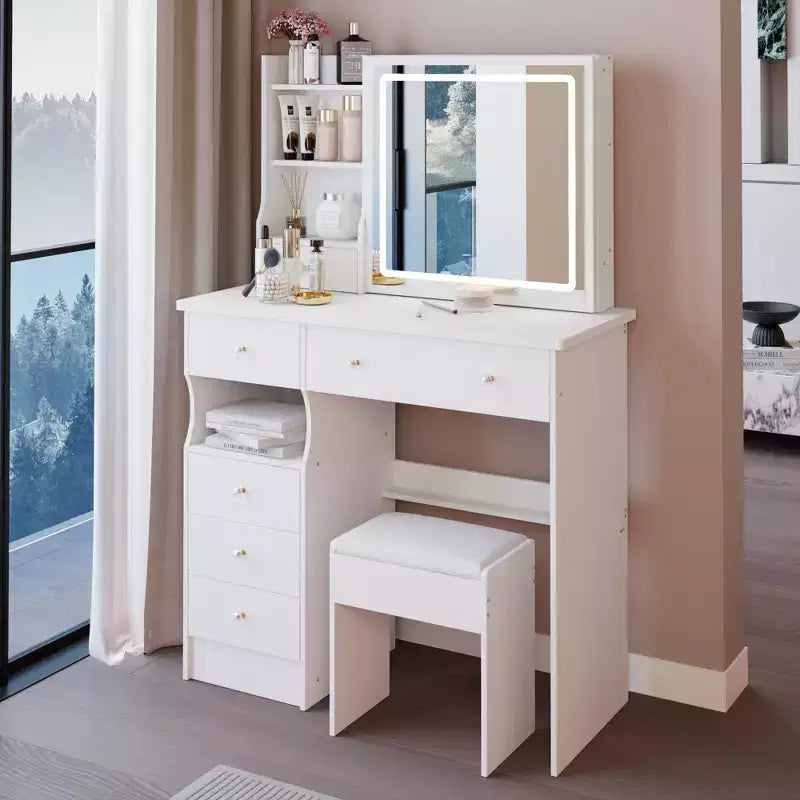 Coiffeuse Okak avec tiroirs et lumières, bureau de coiffeuse de 37 po avec côté gauche, tabouret rembourré et miroir LED coulissant tactile extra-large, blanc
