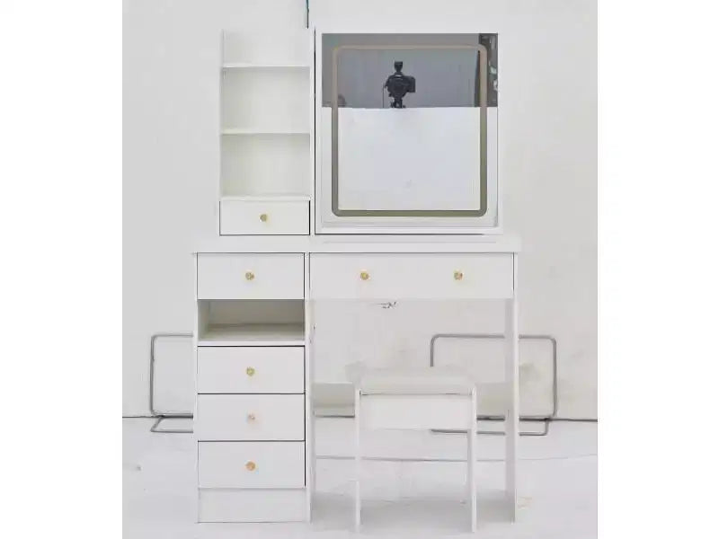 Coiffeuse Okak avec tiroirs et lumières, bureau de coiffeuse de 37 po avec côté gauche, tabouret rembourré et miroir LED coulissant tactile extra-large, blanc