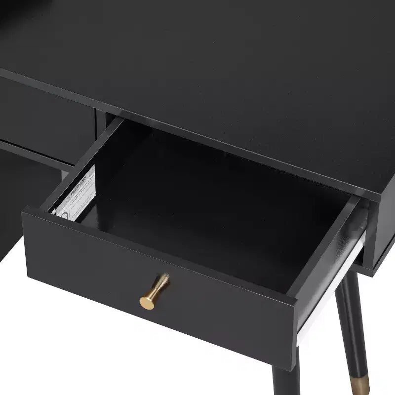 Table de coiffeuse moderne avec tabouret, tiroirs, armoire et ports de chargement, noir/noyer - ModernLuxe